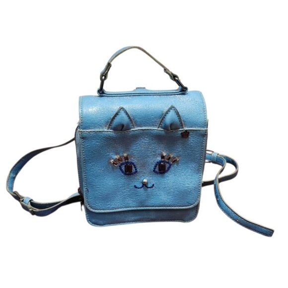 Anna Sui Cat Face Mini Leather Backpack Purse Blue Distressed Jean Bag Cute Ears - Picture 4 of 16